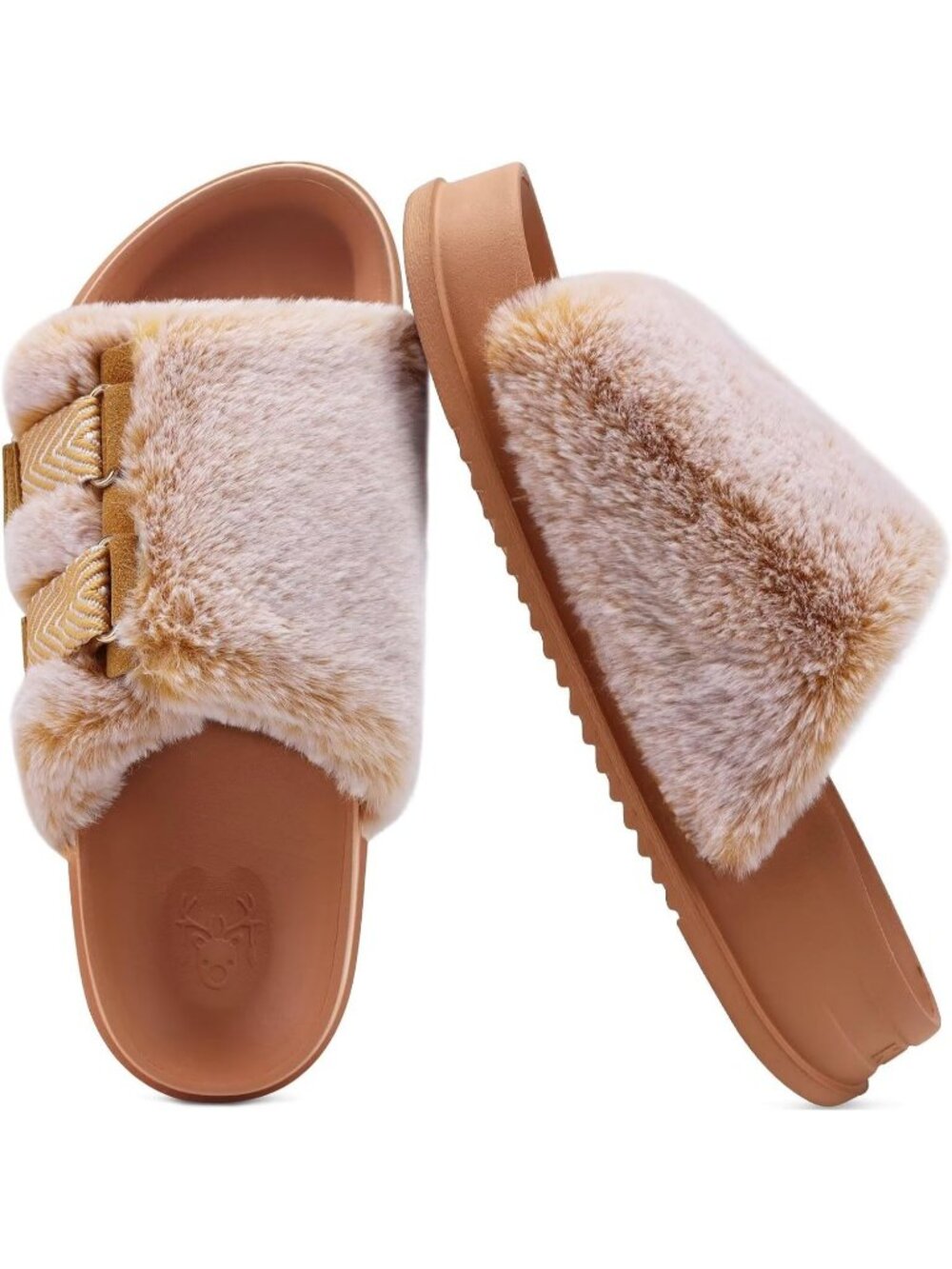 Women's Khaki Soft Cushioned & Adjustable Fuzzy Faux Fur Home Slippers Slides